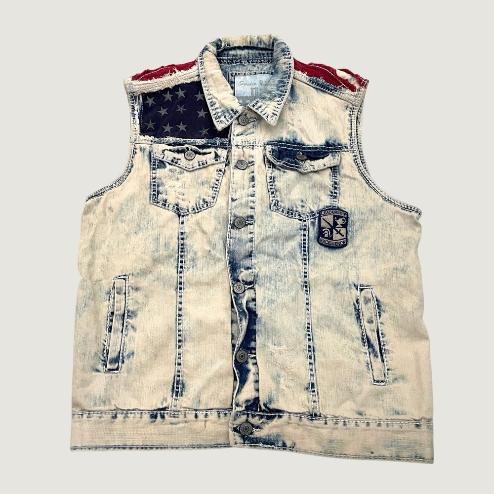Smoke Rise American Flag Denim Vest Men's Large Distressed Studded Acid Wash